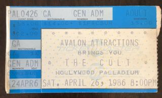 The Cult Concert Ticket Hollywood Palladium April 26,  1986 Ian Asbury
