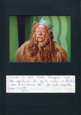 Bert Lahr Wizard Of Oz Autograph,  Handwritten Note Signed & Mounted