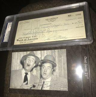 Lou Costello Signed 1945 Check Psa/dna & Abbott & Costello 1940’s Exhibit Card