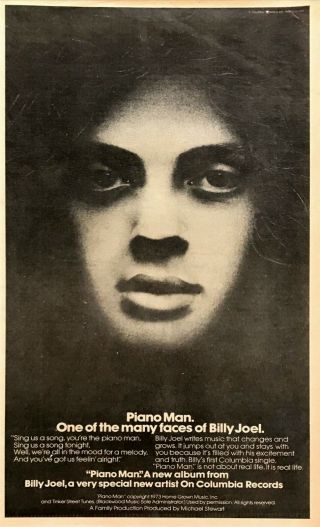 1974 Billy Joel Photo " Piano Man " Album Release Columbia Records Promo Print Ad
