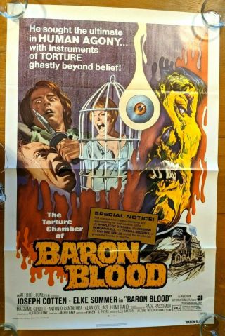 One - Sheet Movie Poster " Baron Blood " Horror Mario Bava 1972