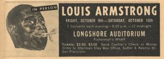 1959 Music Concert Ad Louis Armstrong Longshore Auditorium Fisherman 