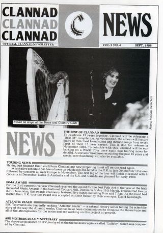 Clannad News Sept 1988 Vintage Fully Dated,  World Tour Article Exceptional Gem