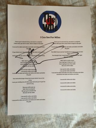 Pete Townshend The Who Signed Autographed I Can See For Miles Lyric Sheet Proof