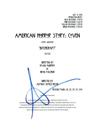 Sarah Paulson Signed Autograph AMERICAN HORROR STORY COVEN Pilot Script AB 2