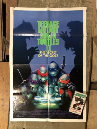 Vtg Teenage Mutant Ninja Turtles 2: Movie Poster & Vhs Tape