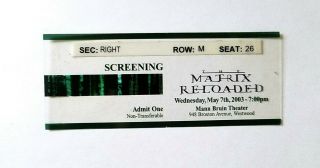2003 The Matrix Reloaded Movie Promo Premiere Ticket Keanu Reeves Neo Wachowski
