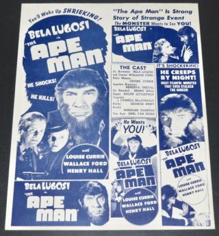 Bela Lugosi " The Ape Man " (1943) Lugosi Goes Ape Press Sheet / Herald