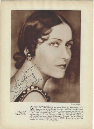 Gloria Swanson Signed Vintage Page / Autographed 1962