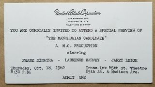 The Manchurian Candidate Special Preview Ticket Frank Sinatra Janet Leigh United
