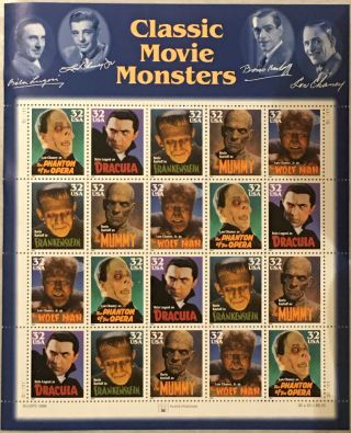Classic Universal Movie Monsters Usps Stamp Sheet 1997 W Flyers Frankenstein