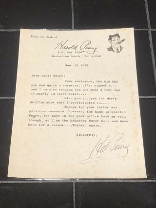 Vintage 6”x8” Letter Signed By Harold Peary Look Who 