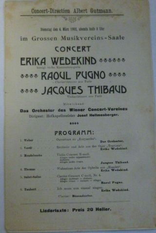 Eugene Ysaye Jacques Thibaud Lula Gmeiner Erika Wedekind Wien Program 1902