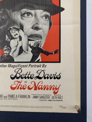 NANNY Movie Poster (Fine -) Window Card 1965 Folded Bette Davis Hammer Horror 4