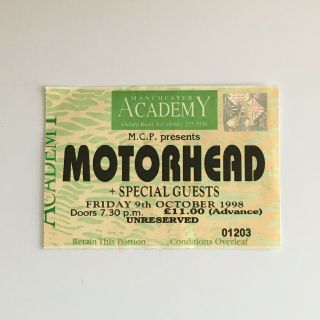 Motorhead - 09/10/1998 Manchester Academy Concert Ticket Stub Lemmy Kilmister