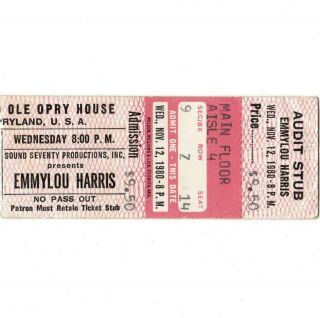 Emmylou Harris & Steve Forbert Concert Ticket Stub 11/12/80 Grand Ole Opry Tenn