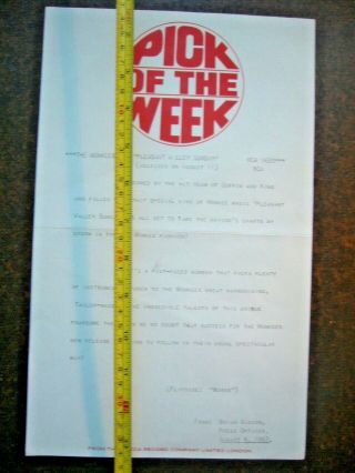 Vintage Press Release " Pleasant Valley Sunday " By The Monkees 1967 Rca