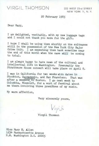 S898.  Virgil Thomson Composer,  Autographed Signed Letter On Personal Stationary