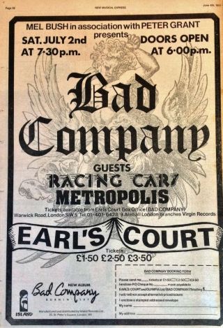 Bad Company - Live At Earls Court Full - Page Advert From The Nme Paper 4/6/77