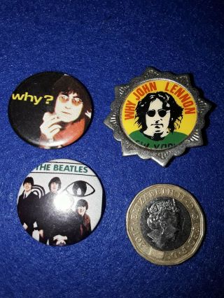 3 X Vintage 1980s John Lennon Badges & 1the Beatles Badge Pin Button