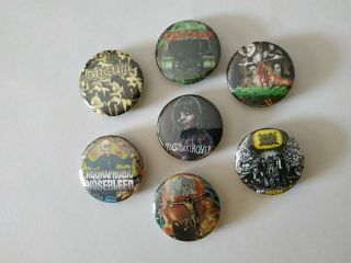 7 X Grindcore Metal Buttons (25mm,  Heavy Metal,  Napalm Death,  Carcass,  Terrorizer)