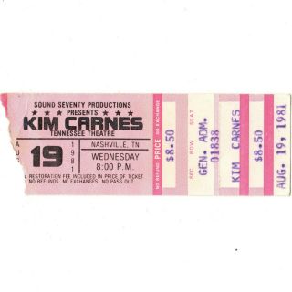 Kim Carnes & James Marcel Concert Ticket Stub Nashville 8/19/81 Bette Davis Eyes
