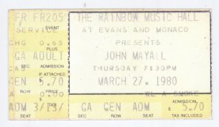 Rare John Mayall 3/27/80 Denver Co Rainbow Music Hall Concert Ticket Stub
