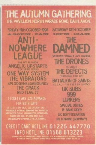 (anew10) Advert 7x11 " Autumn Gathering 1996 Anti Nowhere League & The Damned
