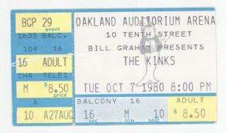 Rare The Kinks 10/7/80 Oakland Auditorium Arena Ticket Stub