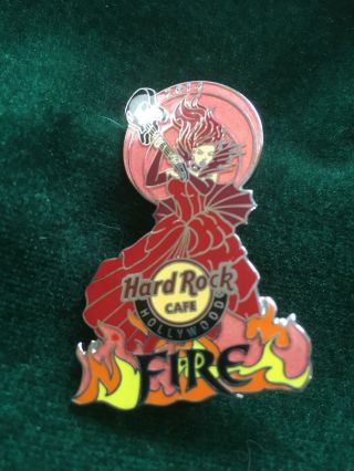 Hard Rock Cafe Pin Hollywood Redhead Girl In Red Dress W Black Guitar & Flames