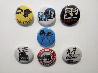 7 X Blues Brothers Buttons (pins,  Badges,  25mm,  Elwood,  Vinyl,  Best Of,  Movie)