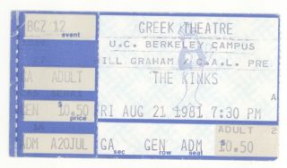 Rare The Kinks 8/21/81 Berkeley Ca Greek Theatre Ticket Stub Ray Davies