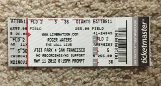 Roger Waters Of Pink Floyd 5/11/2012 Full Concert Ticket Stub At&t Park Sf,  Ca