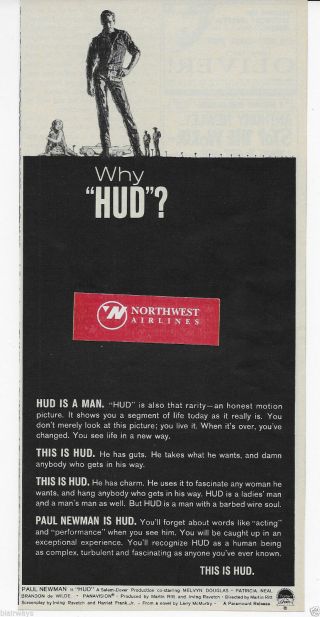 Hud Starring Paul Newman & Patricia Neal 1963 Paramount Movie 1963 Ad