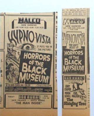 2 1959 Newspaper Ads For Movie Horrors Of The Black Museum - In Hypno - Vista