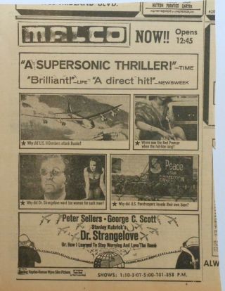 1964 Newspaper Ad For Movie Dr.  Strangelove - Stanley Kubrick 