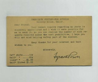Tyrone Power 20th Century Fox Beverly Hills Ca 1937 Fan Response Postcard Wz7252