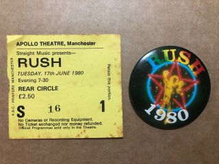 Rush 1980 Concert Gig Tour Ticket Stub - Manchester Apollo 17th June & Pin Badge