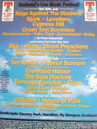 T In The Festival 1994 (rage Against The Machine,  Bjork) - Laminated A4 Poster