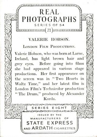 VALERIE HOBSON - ardath HOLLYWOOD movie star PIN - UP/CHEESECAKE 1938 cigaret card 2