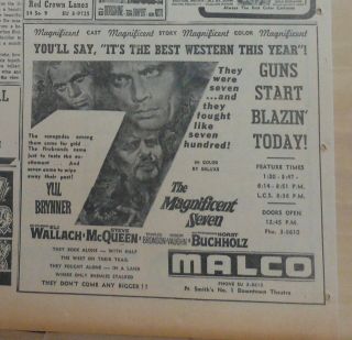 1960 Newspaper Ad For Movie The Magnificent Seven - Yul Brynner,  Steve Mcqueen