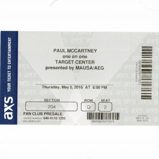 Paul Mccartney Concert Ticket Stub Minneapolis 5/5/16 Target Center The Beatles