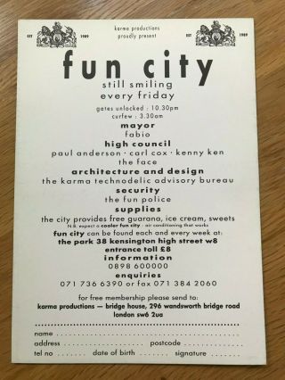 Fun City @ The Park Paul Anderson / Carl Cox / Rave Flyer 1990 ' s 2