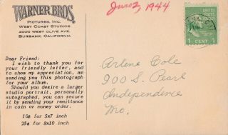 JULIE BISHOP - hollywood MOVIE STAR 1944 WARNER BROS.  studio FAN postcard 2