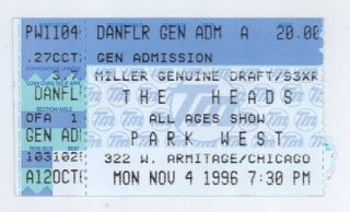 Rare The Heads 11/4/96 Chicago Il Park West Ticket Stub Talking