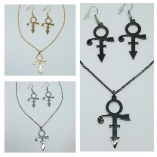Prince Rogers Nelson Symbol Necklace And Earring Set,  Purple Rain,  3 Colors
