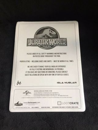 Jurassic World Isla Warning Electrified Fence Raptor Metal Sign Loot Crate 2