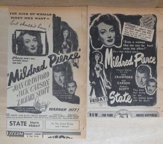 Two 1945 Newspaper Ads For Movie Mildred Pierce - Joan Crawford