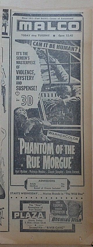 1954 Newspaper Ad For Movie Phantom Of The Rue Morgue - Violence Mystery In 3 - D