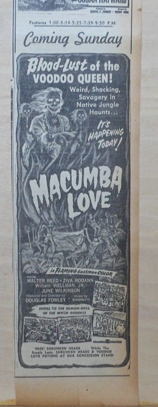 1960 Newspaper Ad For Movie Macumba Love - Blood Lust Of The Voodoo Queen Weird